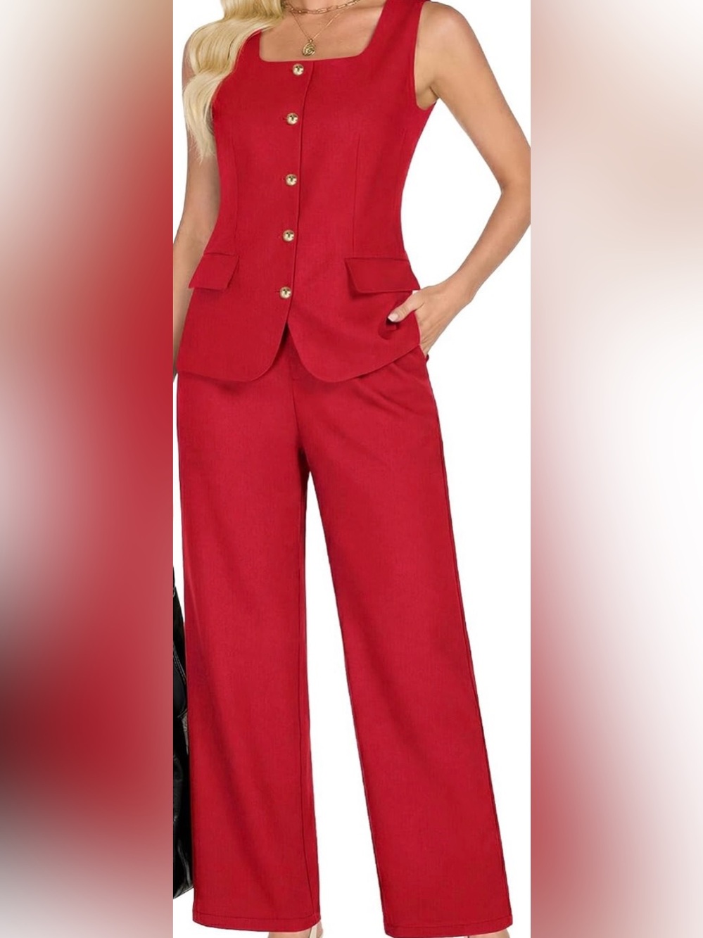 Red Pant Suit- Sleeveless Blazer Vest Wide Leg Pants.